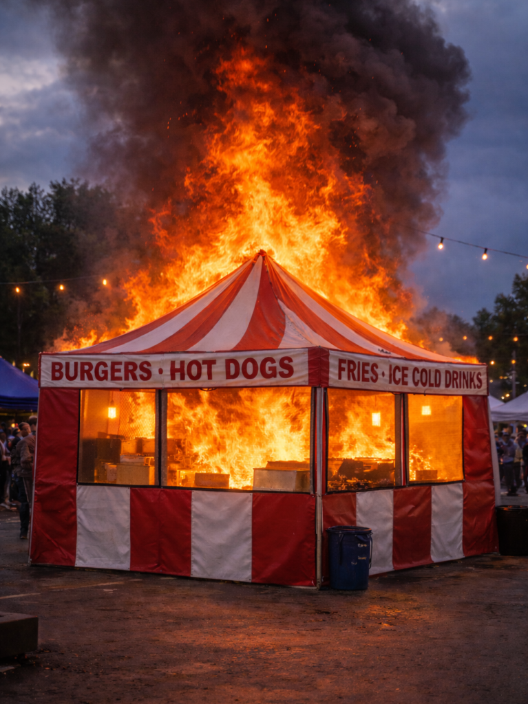 Outdoor food vendor concession tent fire with flames visible inside screened serving windows, demonstrating the importance of fire safety certification, flame-resistant tents, and fire testing requirements for outdoor event vendors.