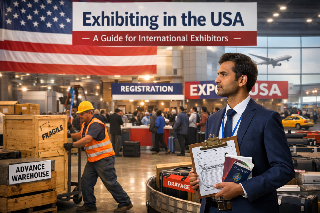 Image of a man in a suit that is an international trade show exhibitor in the USA. The background shows a union worker moving display boxes and attendees at a registration booth.